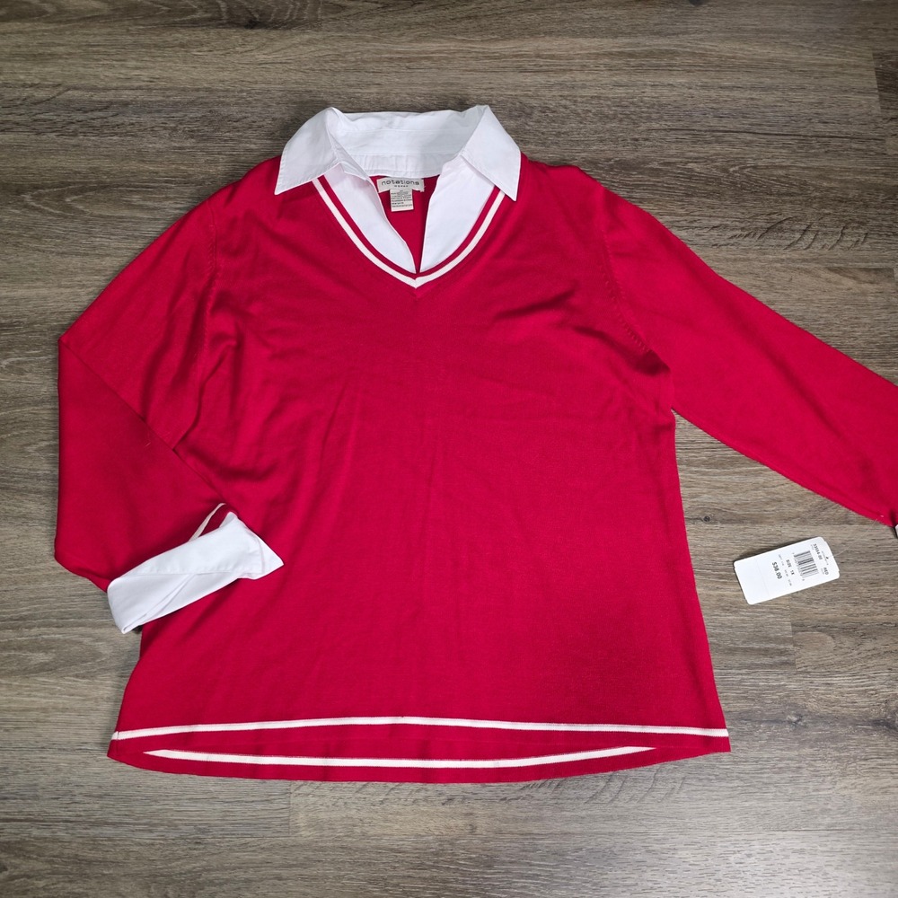 Notations Woman Red V-Neck Layered Sweater‎ Top White Collar Plus 1X 33554-00